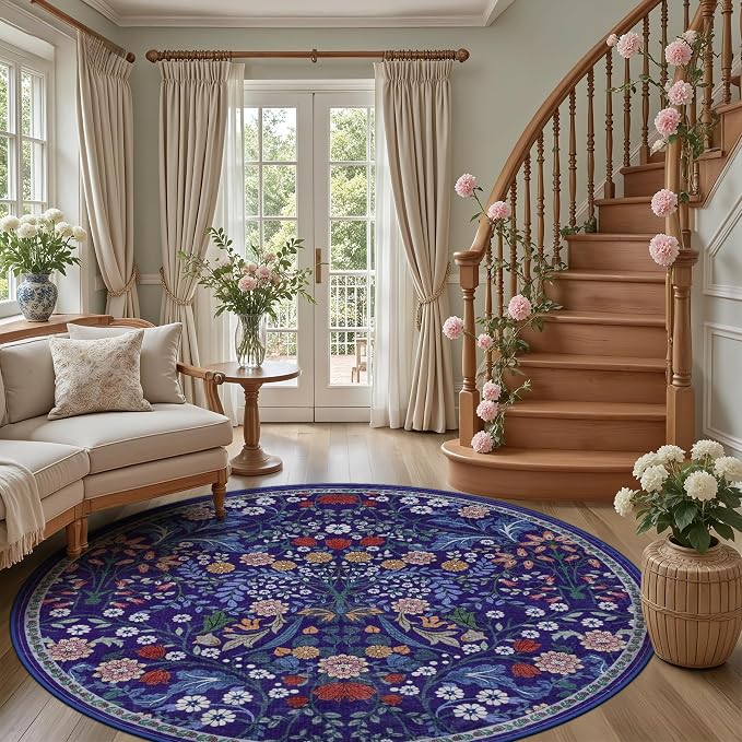 PLHXFR Round Area Rug Living Room: 8 ft Floral Washable Soft Carpet Blue | - Image 5