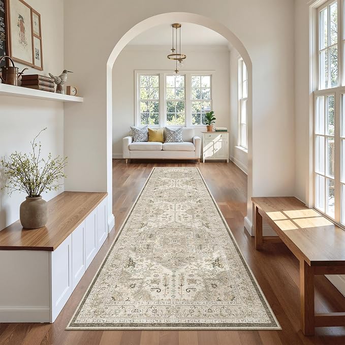 Madane Hallway Runner Rug 2'6''x10' Kitchen Runners Vintage, Ivory/Brown | by Madane