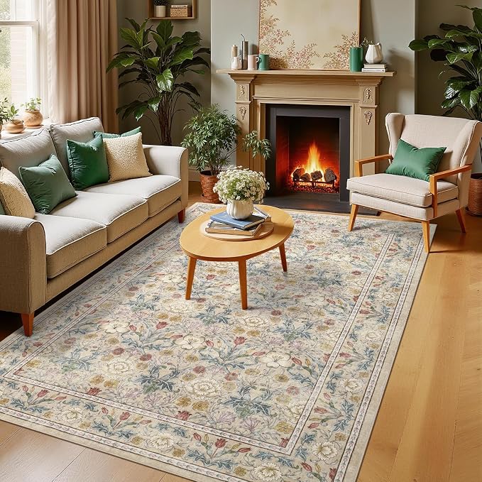 GarveeHome Beige Washable Area Rug 5x7, Retro Floral Low Pile Non Slip Living - Image 2