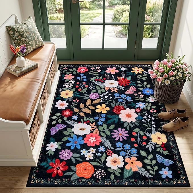 PLHXFR Area Rug Living Room: 3x5 Floral Washable Boho Soft Carpet Black | by PLHXFRSoftAreaRugs