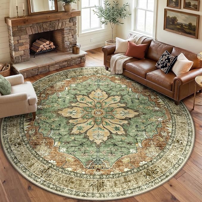 RELEANY Washable Area Rug, Round 8ft, Brick/Brown/Green | Non-Slip, Water by RELEANY