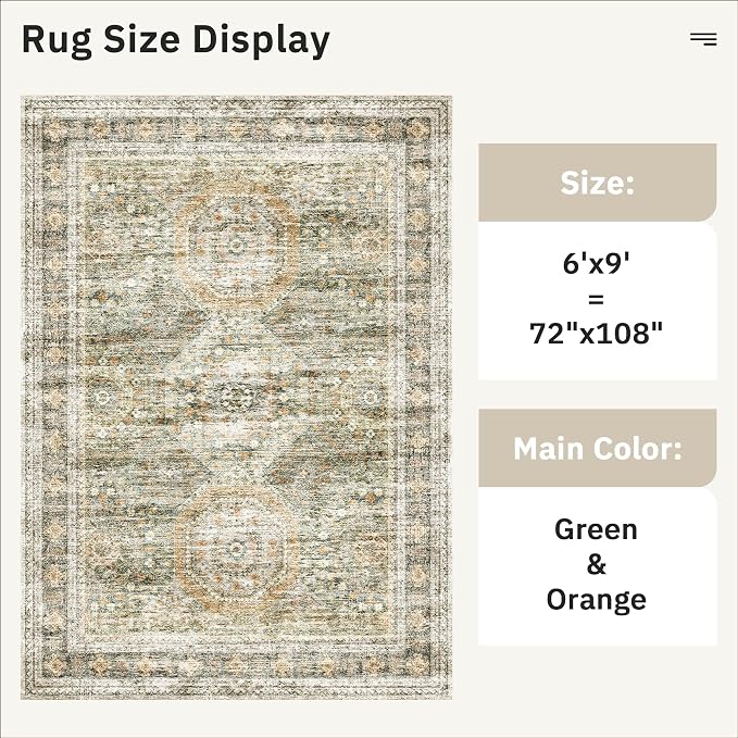Soalmost 6x9 Area Rug for Living Room Washable Rugs Non-Slip Green/Orange | - Image 5