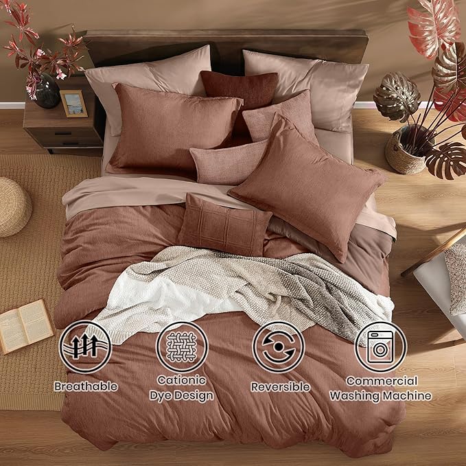 Monbix Twin XL Comforter Set Terracotta, Cationic Dyeing Bedding Set Reversible 5 Pieces, All Season Bed in a Bag with Comforter, Sheets, Pillowcase & Sham