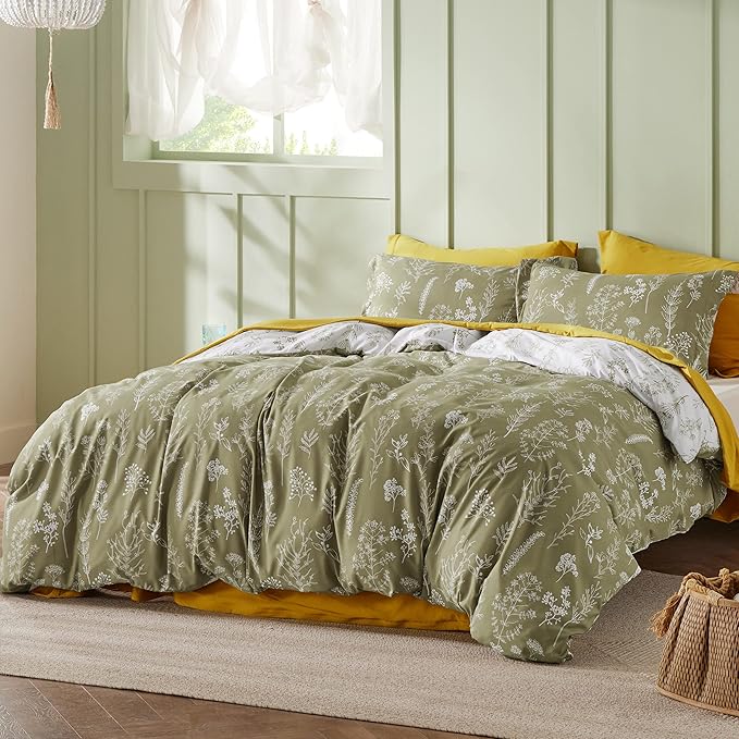 Bedsure Queen Comforter Set - Olive Green Bed Set, 3 Pieces Cute Floral Bedding, 1 Soft Reversible Botanical Flowers Comforter and 2 Pillow Shams