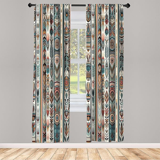 Ambesonne Ethnic Curtains, Folkloric Style Floral Ornaments with Bohemian Oriental Motifs as Stripes, Window Treatments 2 Panel Set for Living Room Bedroom, Pair of - 28" x 63", Teal Coral and Orange
