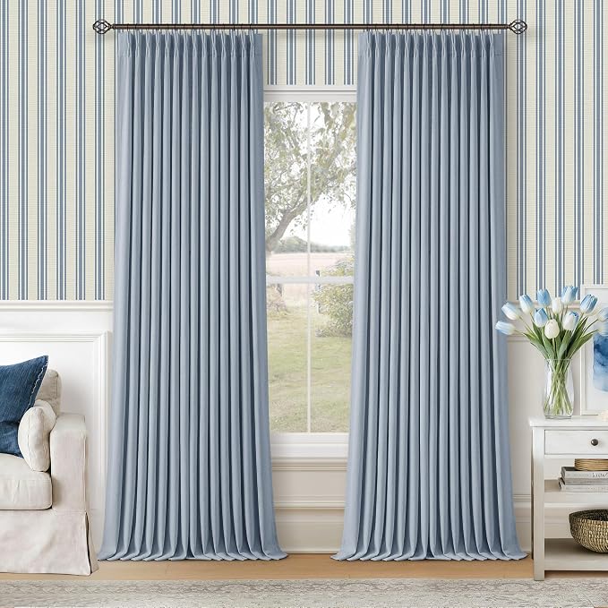 Blue 96 Inch Blackout Pinch Pleated Thick Linen Curtains by Twodrapes