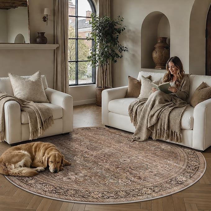 Schweek 6ft Round Rug Brown Washable Non-Slip Circle Area Rugs - Image 2