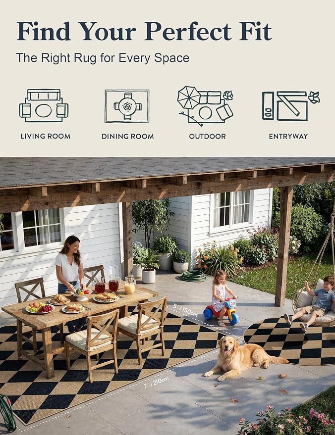 Lahome Checkered Easy Jute 5x7 Area Rugs, Washable Outdoor Patio Rug - Image 8