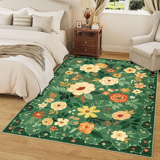 DUKINO 8x10 Area Rugs, Floral Washable Living Room Rug Non Slip, Dark Green | - Image 9