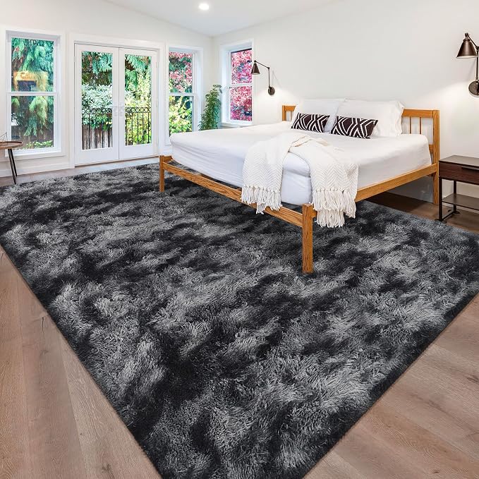 Black Grey Tie-Dyed Rug for Living Room 8x10 Fluffy Area Rug Mat Bedside Throw - Image 4