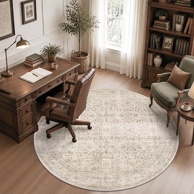 Schweek 6ft Round Area Rug Washable Neutral Non-Slip Living Room Rug Beige | - Image 8