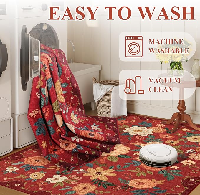 DUKINO 2x6 Runner Rug for Hallway, Washable Kitchen Rugs Non Slip, Floral - Image 9