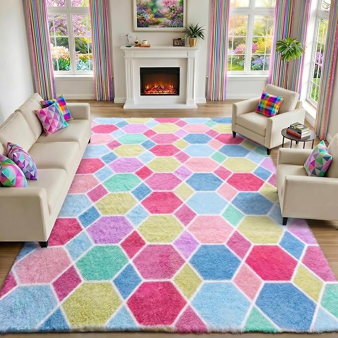 Checkered 8x10 Area Rugs for Living Room, Fluffy Pink Rainbow Girls Rug | Soft - Image 4