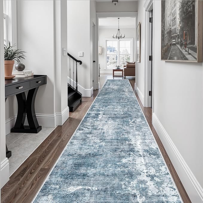 Soalmost Hallway Runner Rug 2'6" x 16' Kitchen Rugs Abstract Blue/Grey | - Image 4