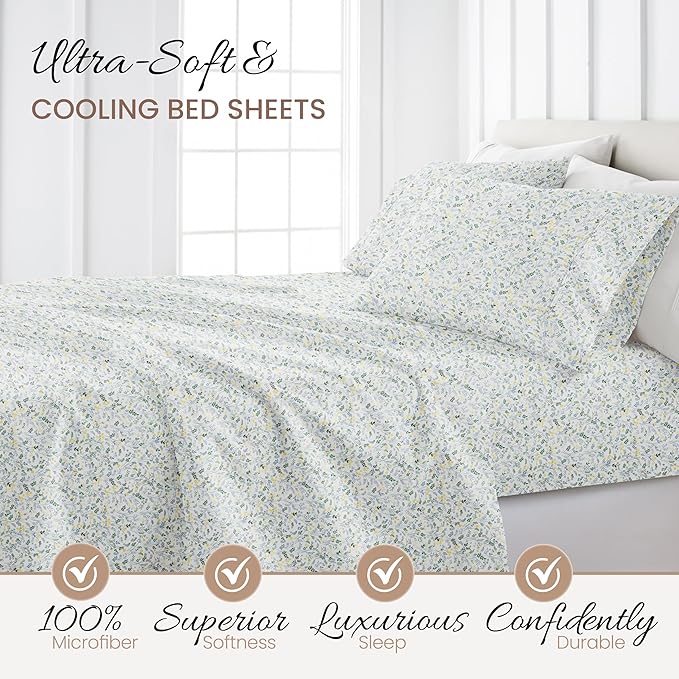 Linen Market 4 Piece King Sheet Set - Breathable, Double-Brushed Patterned Cooling Sheets – Oeko-TEX Certified Ultra Soft & Wrinkle-Free 16" Deep-Pocket King Sheets - Easy Care Wildflower Light Blue