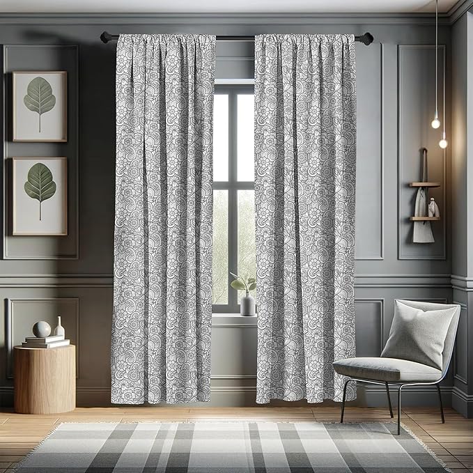 Ambesonne Black and White Window Curtains, Paisley Design with Sketch Style Flowers Leaves on Monochrome Background, Decor 2-Panel Set with Rod Pocket, Pair of - 28" x 84", White and Charcoal