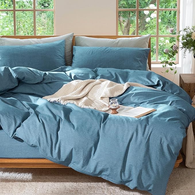 MooMee Bedding Duvet Cover Set 100% Washed Cotton Linen Like Textured Breathable Durable Soft Comfy (Heathered Peacock Blue, Full 80"x90")
