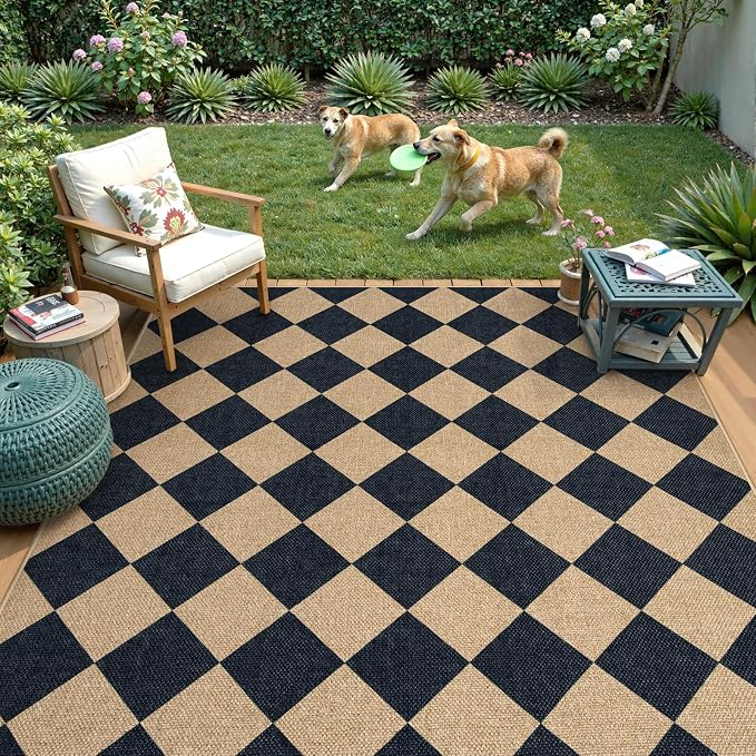 Lahome Checkered Easy Jute Outdoor Patio Rug, 6x9 Living Room Rugs Washable | - Image 7