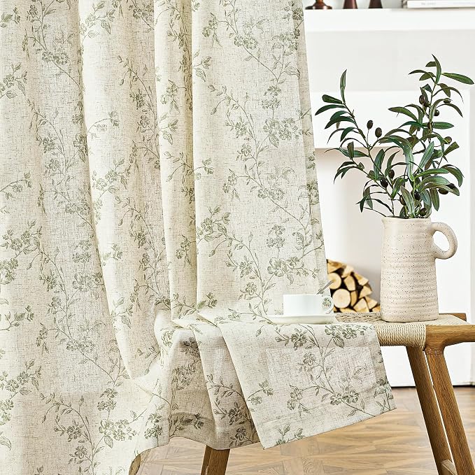 Green Vintage Floral Linen Curtains Farmhouse 50W X 90L 2 Panels | Elisa Series - Image 8