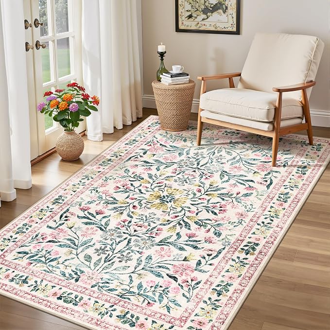 PLHXFR Area Rug Living Room: 3x5 Floral Washable Boho Carpet Pink Green | - Image 4