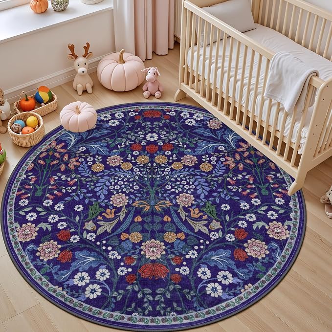 PLHXFR Round Area Rug Living Room: 6 ft Floral Washable Soft Carpet Blue | - Image 5