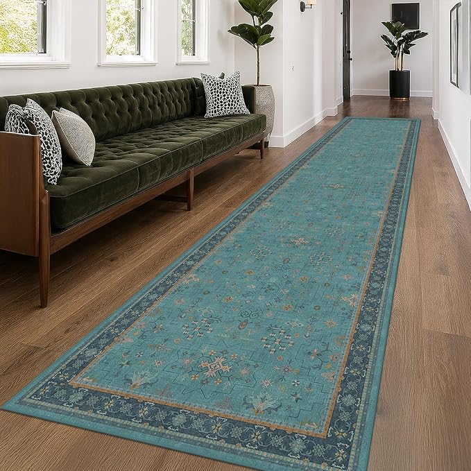 Washable 3x16 Extra Long Hallway Runner Rug, Boho Aqua Blue Large Kitchen Floor - Image 3