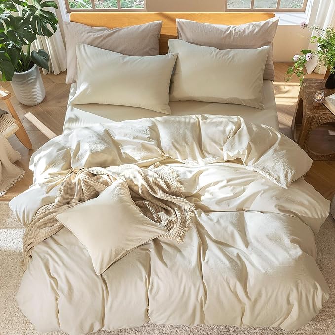 MooMee Bedding Duvet Cover Set 100% Washed Cotton Linen Like Textured Breathable Durable Soft Comfy (Heathered Almond Milk Grey, Oversized Full 82"x86")