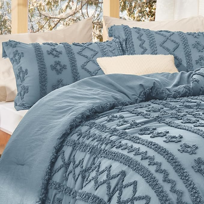 Bedsure Tufted Boho Comforter Set Queen Size - Grayish Blue Boho Bed Set, GentleSoft™ 3 Pieces Farmhouse Shabby Chic Embroidery Bedding, Gifts for Woman, Soft Jacquard Queen Comforter for All Seasons