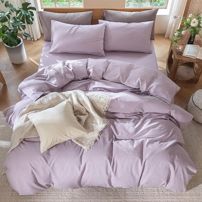 MooMee Bedding Duvet Cover Set 100% Washed Cotton Linen Like Textured Breathable Durable Soft Comfy (Heathered Light Purple, Full 80"x90")
