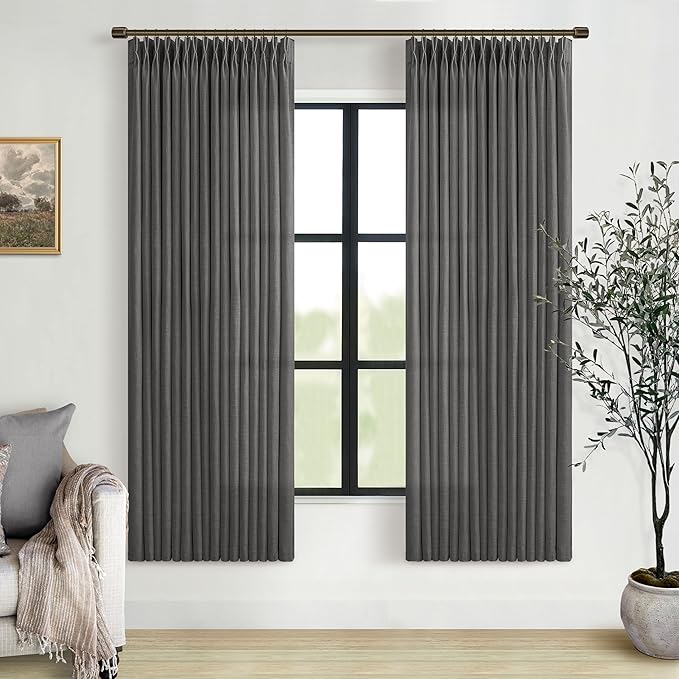 Semi Sheer Linen Blend Pinch Pleated Charcoal Grey Curtains 72 Inch Long | by Twodrapes
