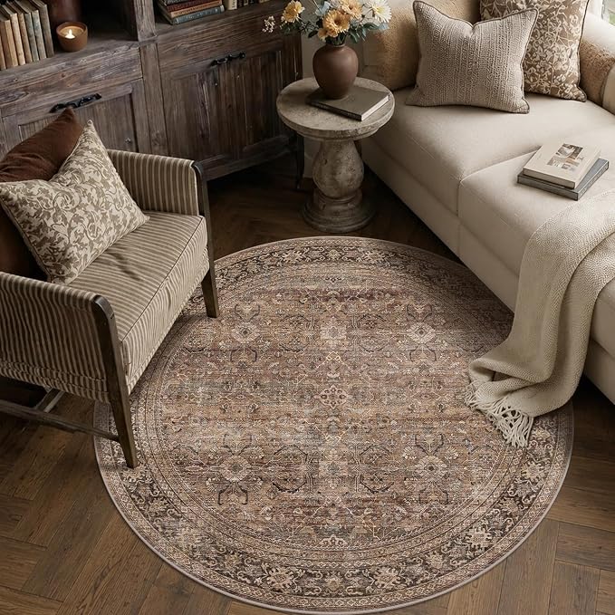 Schweek 4ft Round Rug Brown Washable Non-Slip Circle Rugs Neutral Area Rug | - Image 8