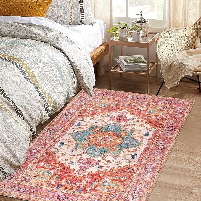 Yamaziot Washable Area Rug, 4x6 Non-Slip Boho Living Room Bedroom Rug | Stain - Image 6