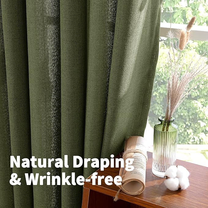 YoungsTex Olive Green Linen Semi Sheer Curtains 80 Inch Length 2 Panels | Light - Image 6