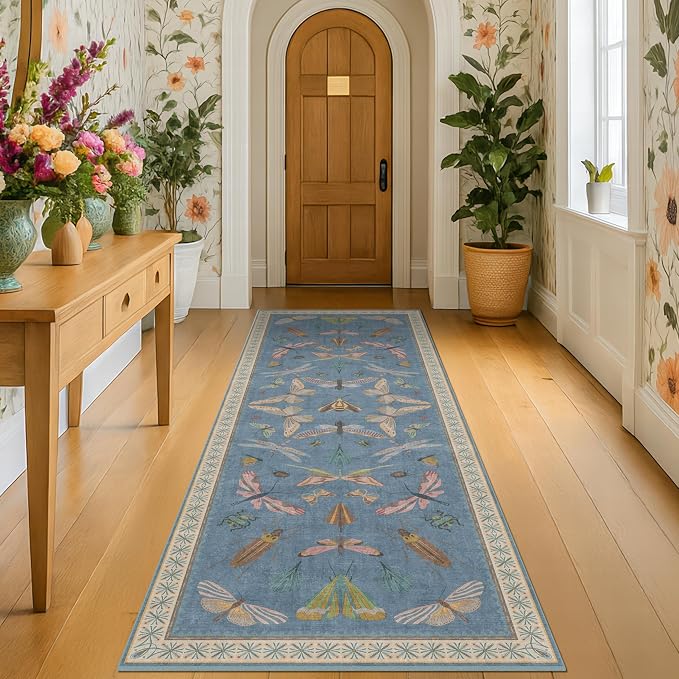 Blue Boho Hallway Runner Rug 2x8, Washable Non Slip Rug by HazoHaus