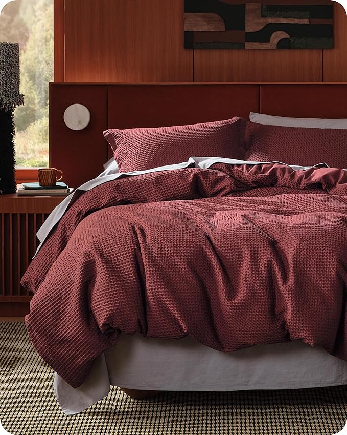 Bedsure Cotton Duvet Cover Queen - 100% Cotton Waffle Weave Maroon Red Duvet Cover Queen Size, GentleSoft™ and Breathable Bedding Set for All Season, 3 Pieces, 90"x90"