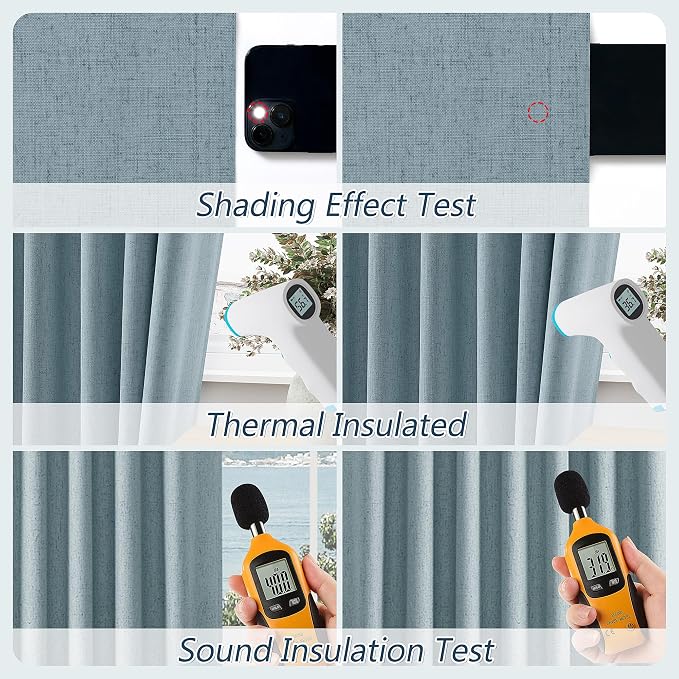 Blue 100% Blackout Linen Curtains 95 Inch Length 2 Panels Set - Image 4