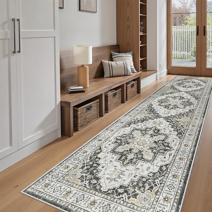 Madane Hallway Runner Rug 2'6''x10' Black, Washable Vintage Kitchen Runners | - Image 4