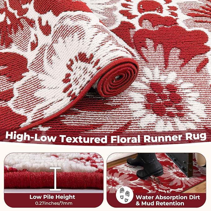 Findosom Christmas Runner Rug 2x6, Non Slip High-Low Textured Floral Washable - Image 5