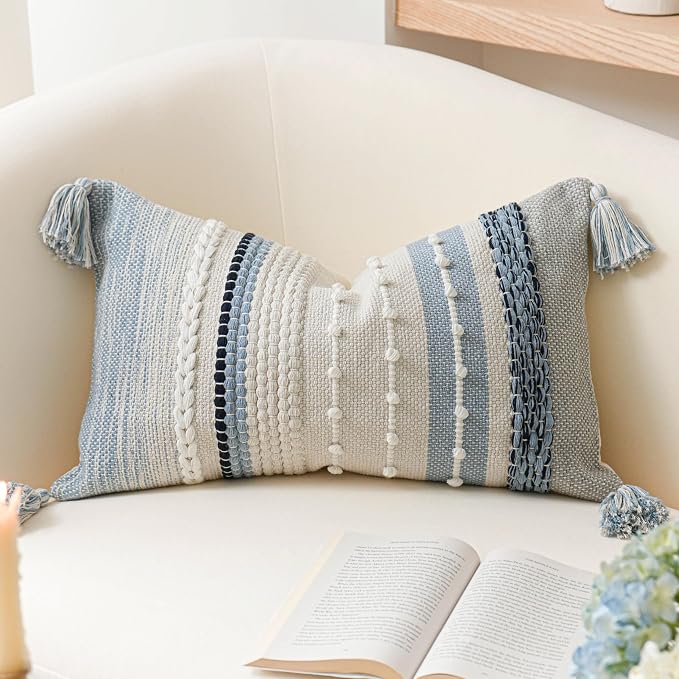 Decorative Lumbar Throw Pillow Cover 14x24 Boho Coastal Blue Accent Cushion by BlissBlush