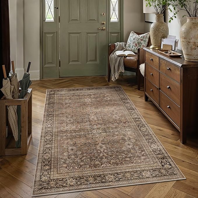 Schweek 4x6 Brown Area Rug Washable Non-Slip Vintage Floral Entryway Rugs | by Schweek