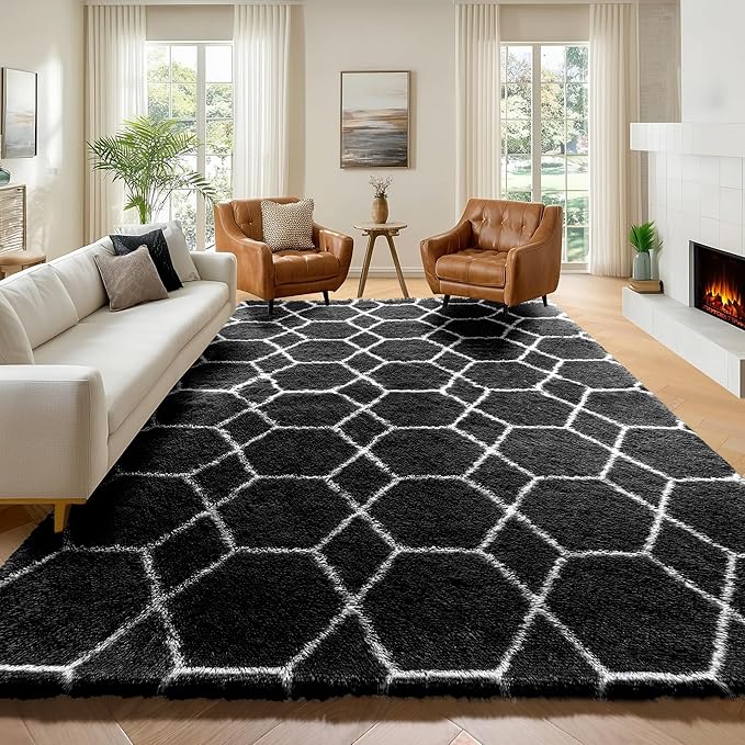 6x9 Area Rugs for Living Room Bedroom, Fluffy Black and White Geometric Rug | by ONASAR