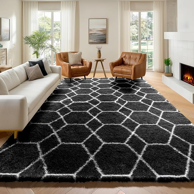 7x9 Area Rugs for Living Room Bedroom, Fluffy Black and White Geometric Rug | by ONASAR