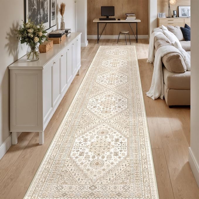 Washable Runner Rug 2.5x16, Non-Slip Long Kitchen Rugs, Cream/Beige | Vintage - Image 3