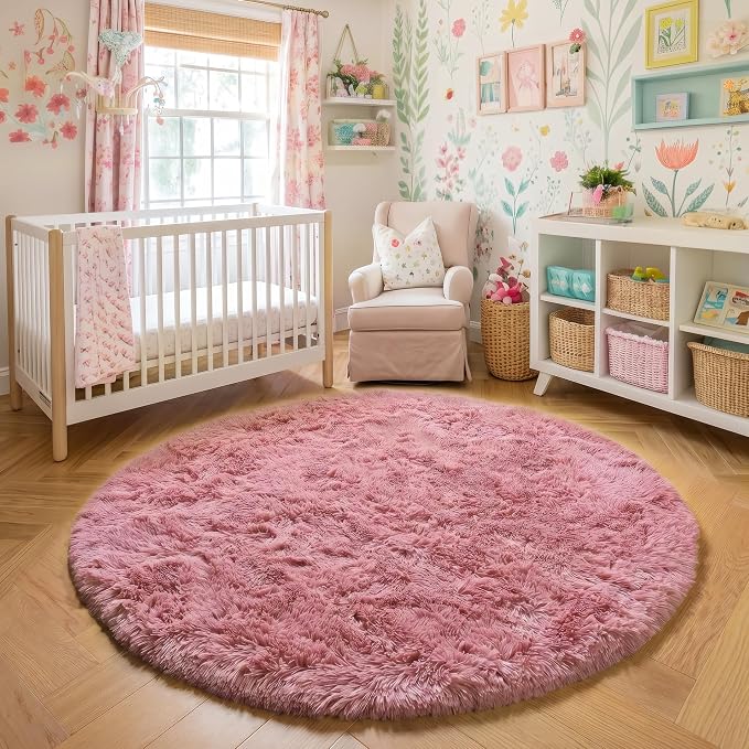 Amdrebio Blush Pink Small Round Furry Rug 3Ft - Image 6