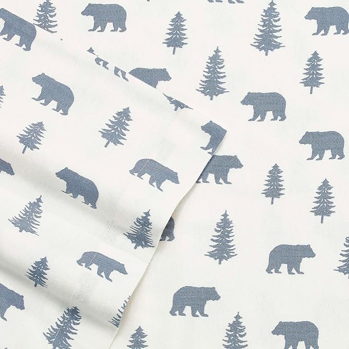Eddie Bauer - Flannel Sheets Twin Size, Anti-Pilling & Wrinkle Resistant Cotton, Touchably Soft for All-Season Comfort - Bed Sheets with Matching Pillowcase & Fitted Sheet (Bears and Trees Blue)