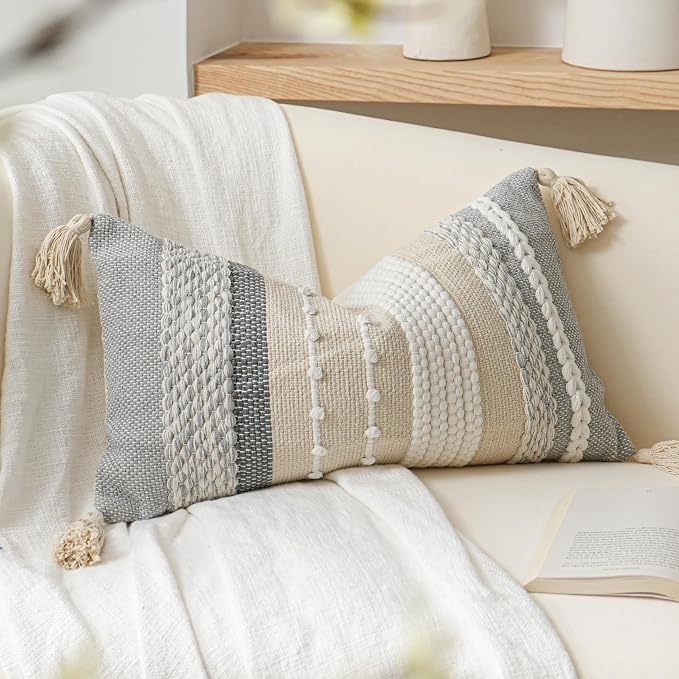 Decorative Lumbar Throw Pillow Cover 14x24 Boho Gray Accent Cushion by BlissBlush