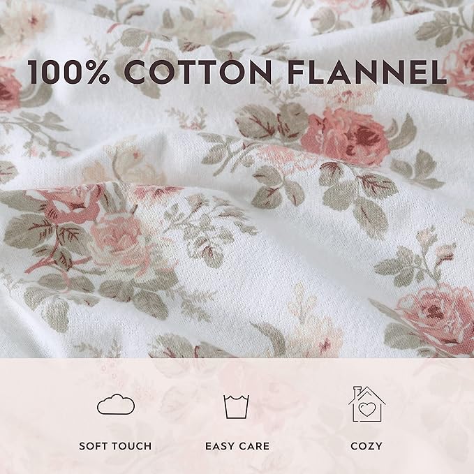 Laura Ashley - Flannel Sheets Twin Size, Anti-Pilling & Wrinkle Resistant Cotton, Touchably Soft for All-Season Comfort - Bed Sheets with Matching Pillowcase & Fitted Sheet (Lisalee Pink)