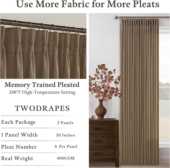 Dutch Cocoa Pleated Thick Linen Semi Sheer Curtains 108 Inch Long 2 Panels | - Image 2