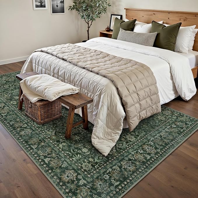 5x7 Dark Green Vintage Floral Washable Area Rug - Image 3