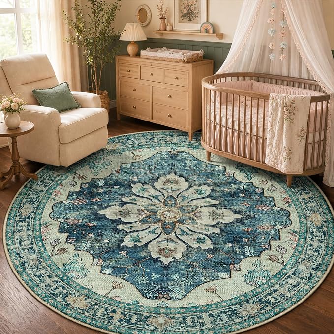 RELEANY Washable Area Rug, Round 5ft, Water Repellent, Pet Friendly, Vintage by RELEANY